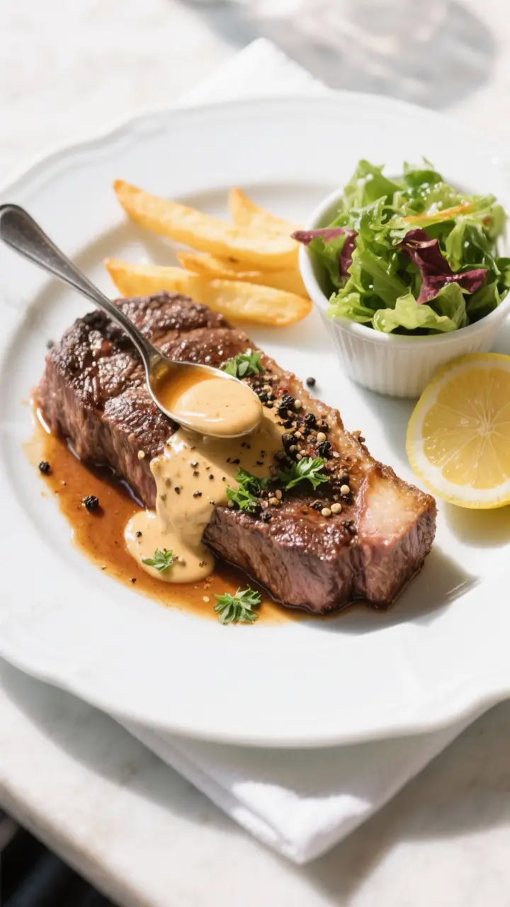 Overhead final plate: Elegant bistro presentation of whole Steak au Poivre on a white rimmed plate,