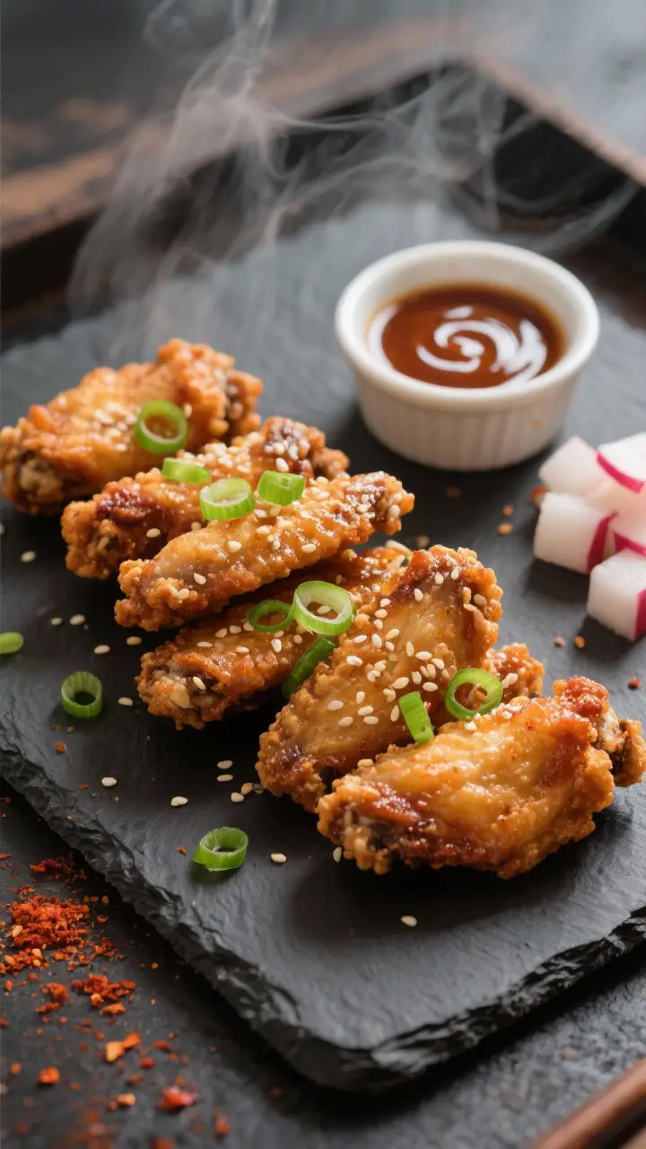 Overhead final presentation of Korean Fried Chicken Wings on a dark slate platter, wings arranged in