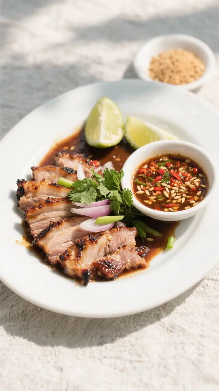 Overhead final presentation: Tasty of a platter of grilled pork neck (khaw muu yang) sliced and fann