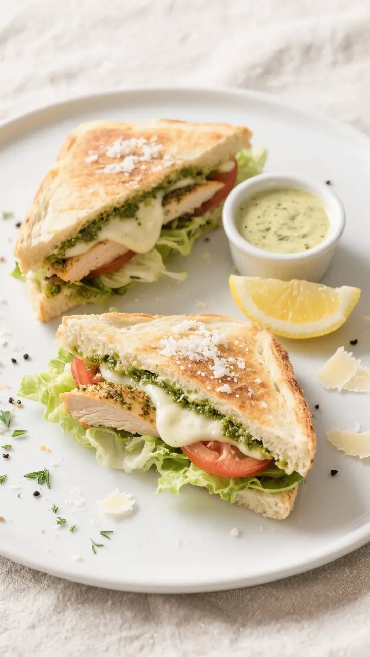 Overhead final presentation: two diagonal halves of the Chicken Pesto Caesar Panini on a matte white