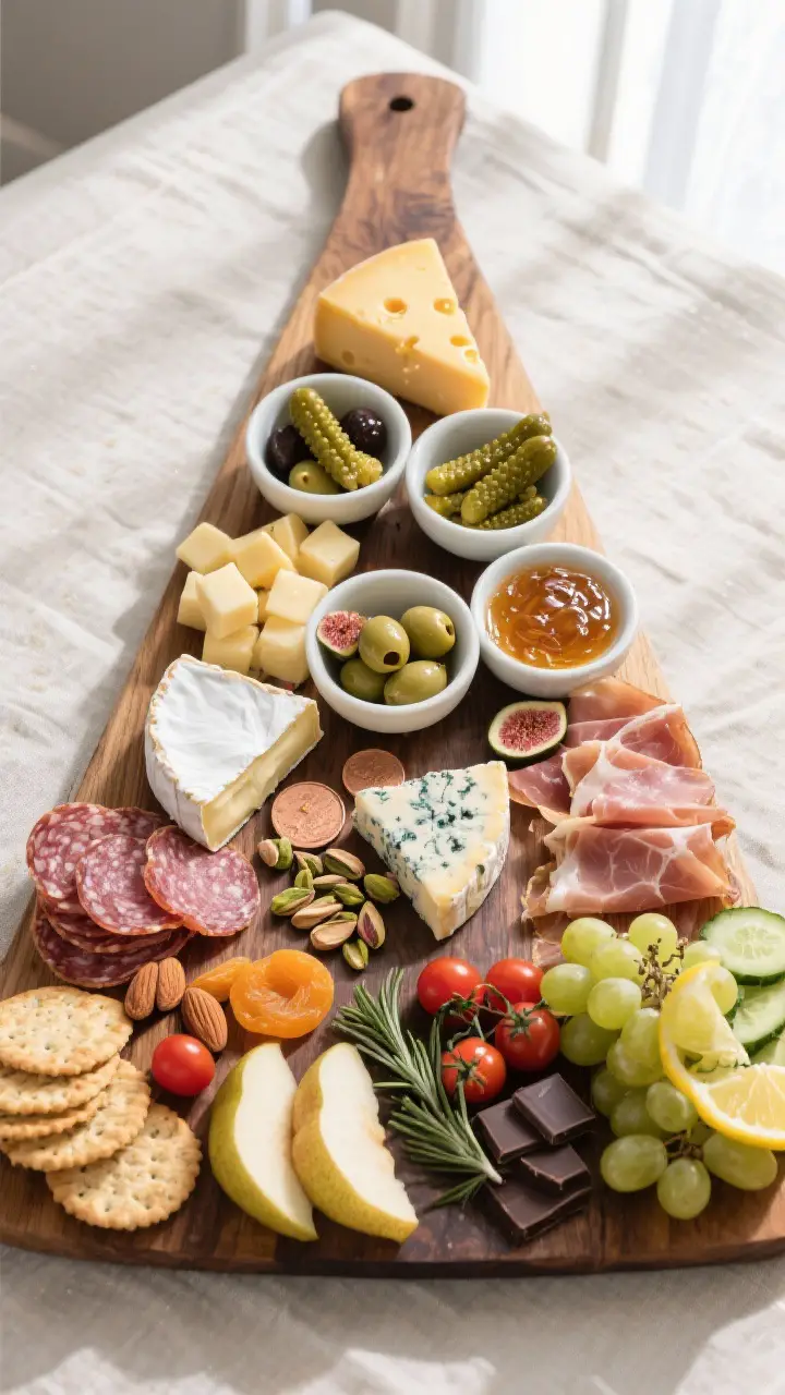 Overhead shot of a fully assembled classic charcuterie board on a large wooden board: triangle patte
