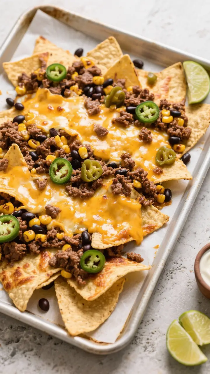 Overhead shot of a rimmed half-sheet pan of loaded nachos just out of the oven: pre-crisped sturdy t