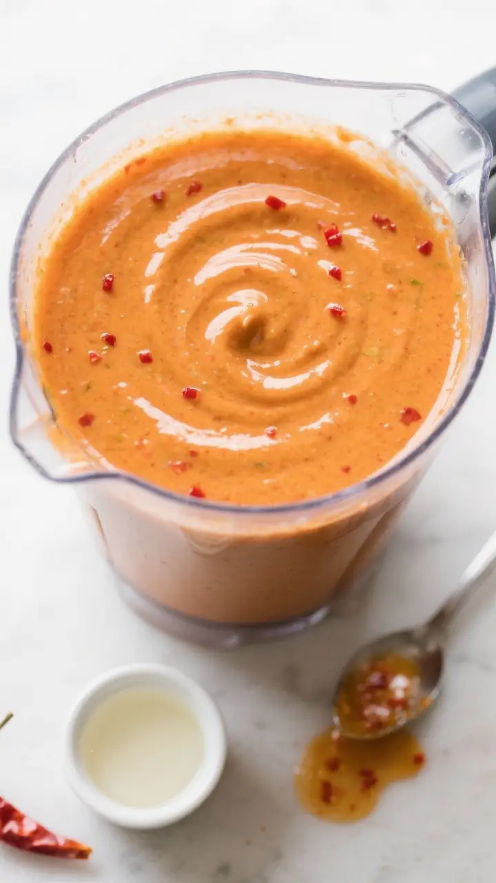 Overhead shot of silky salsa taquera in a blender jar just after emulsifying: ultra-smooth, pourable