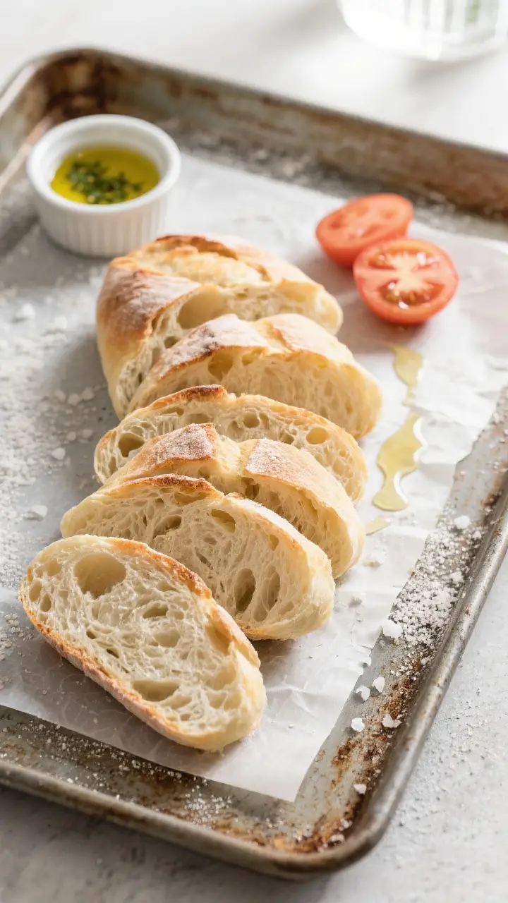 Overhead shot of sliced ciabatta showing the airy, open crumb and cloud-soft interior, arranged in a
