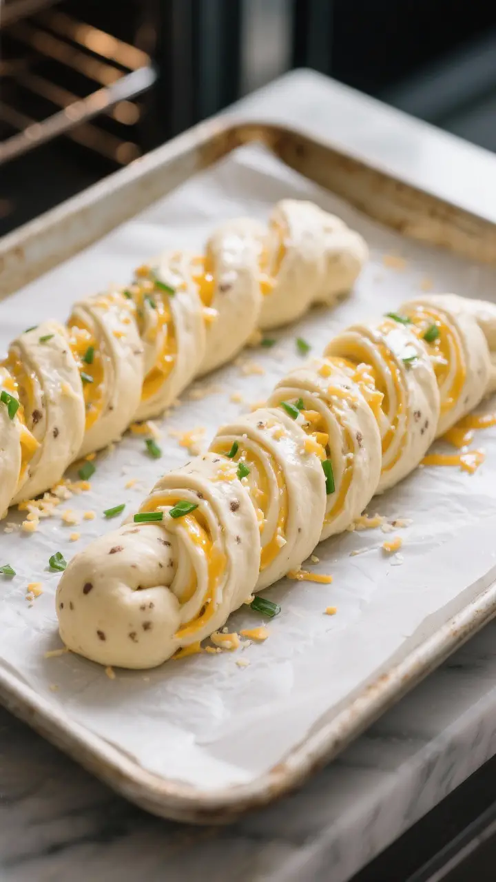 Overhead shot of the shaped and twisted Potato Cheese Bread during the second rise, cut sides up rev