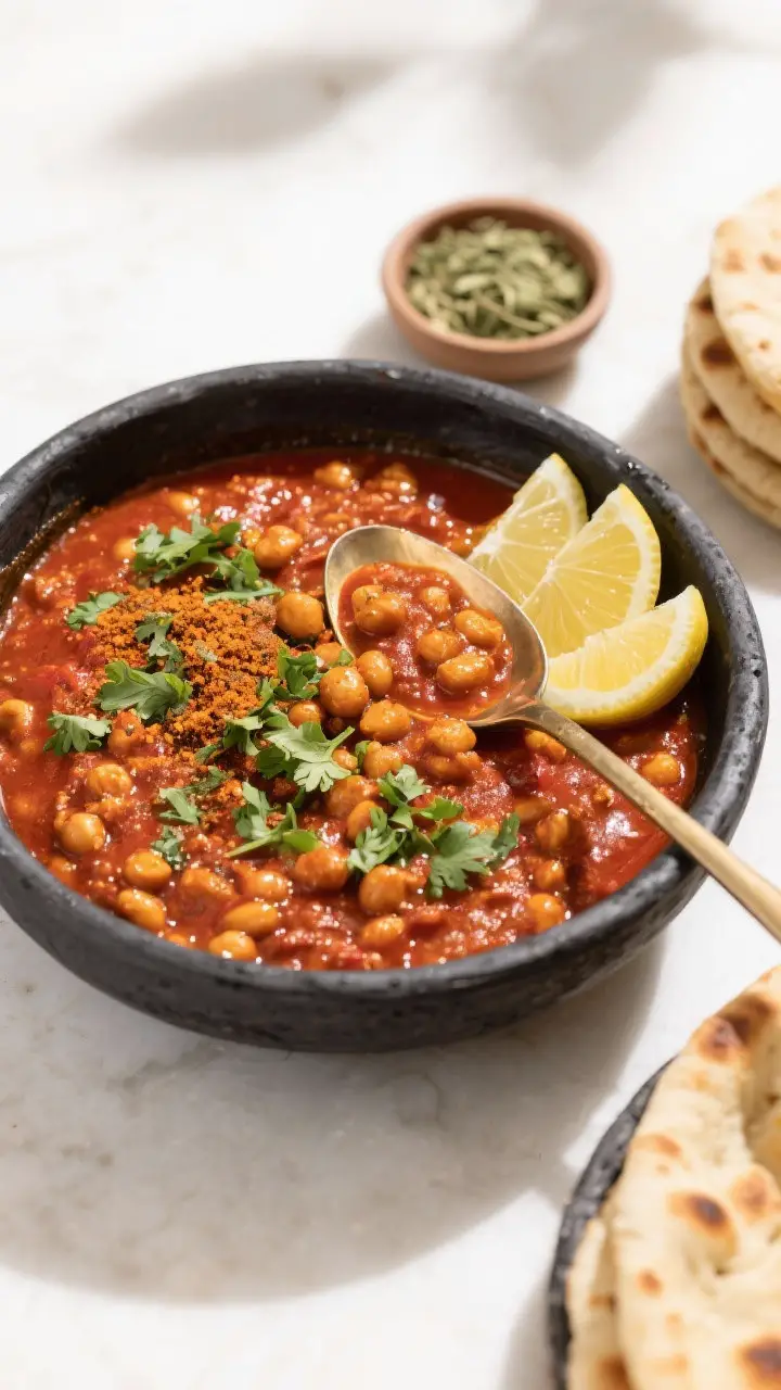Overhead tasty top view: Final chana masala served family-style in a low, wide black stoneware bowl,