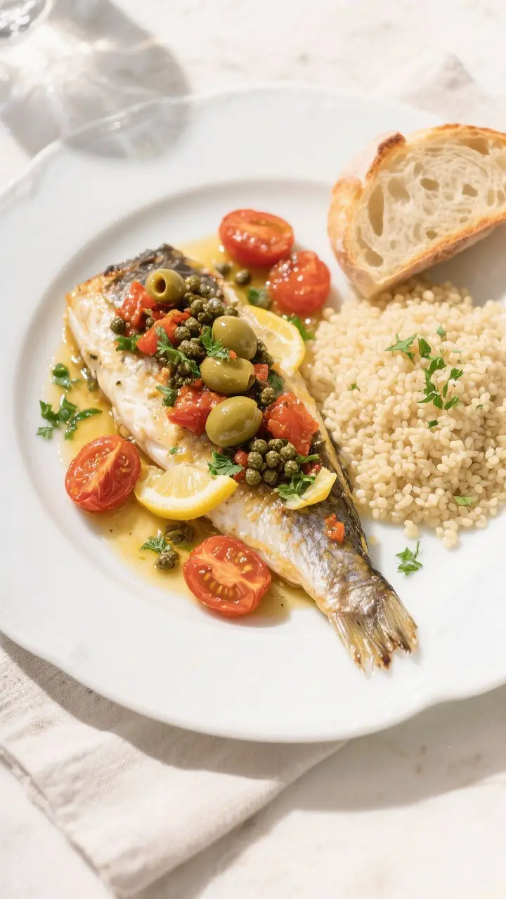 Overhead tasty top view: Final plated Mediterranean Baked White Fish on a wide white ceramic plate,