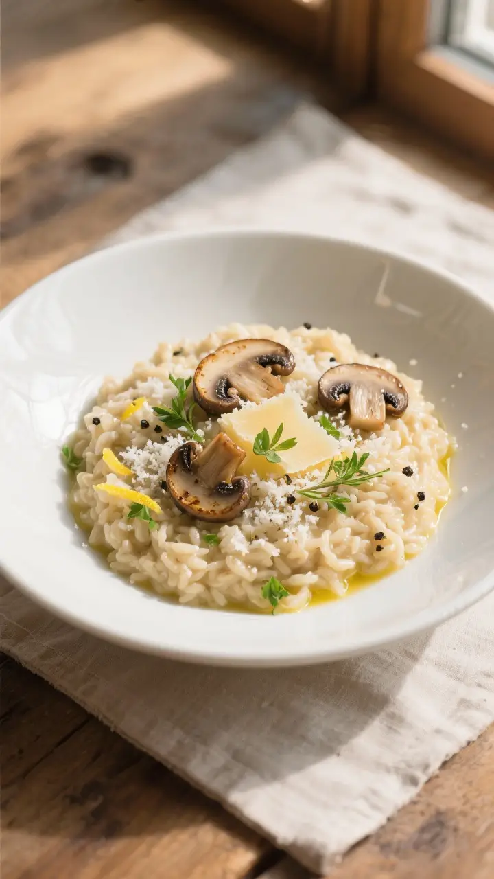 Overhead tasty top view: Final plated Wild Mushroom Risotto in a warm, shallow white bowl, loose and