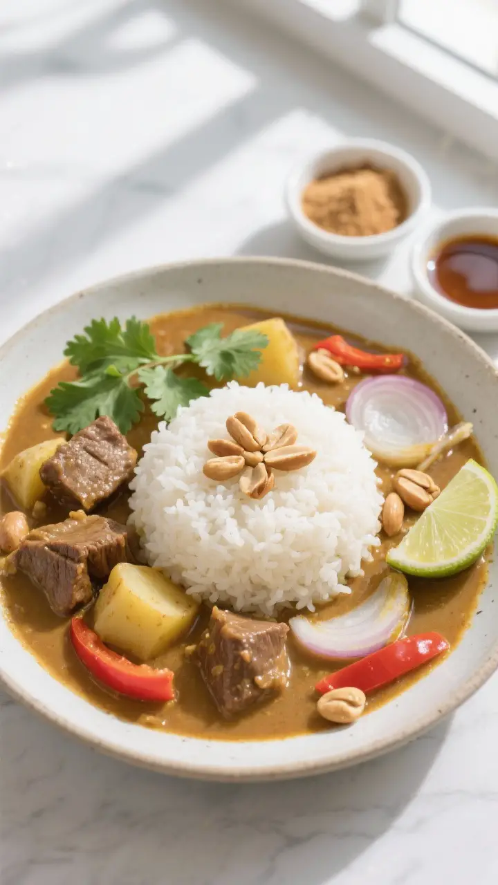 Overhead “tasty top view”: Finished Massaman curry ladled over a neat mound of steamed jasmine r