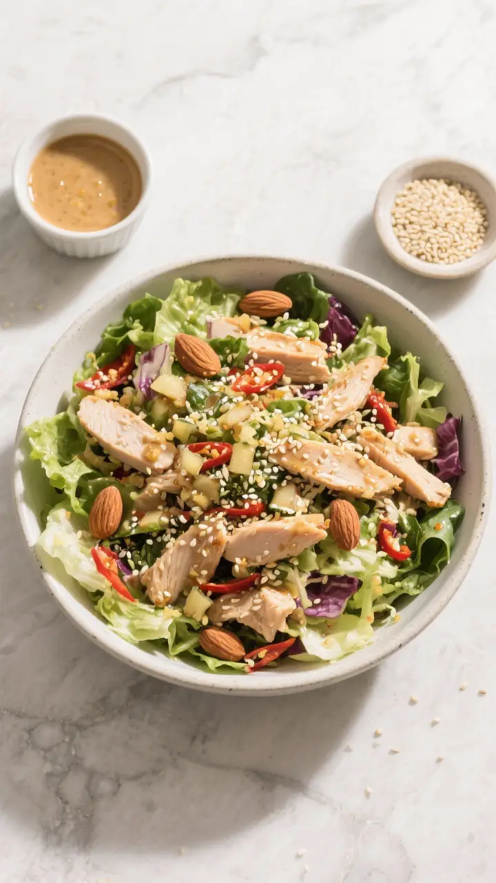 Overhead tasty top view: Fully assembled Asian Sesame Chicken Salad in a large mixing bowl, tossing 