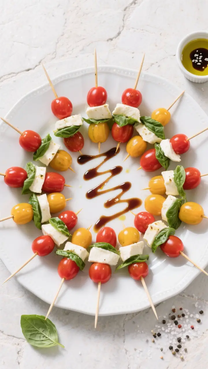 Overhead “tasty top view” of a party platter of Caprese skewers arranged in a circular pattern o