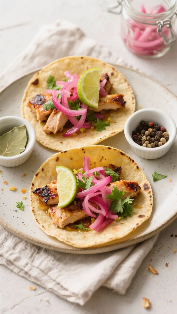 Overhead “tasty top view” of finished tacos topped generously with bright pink pickled red onion
