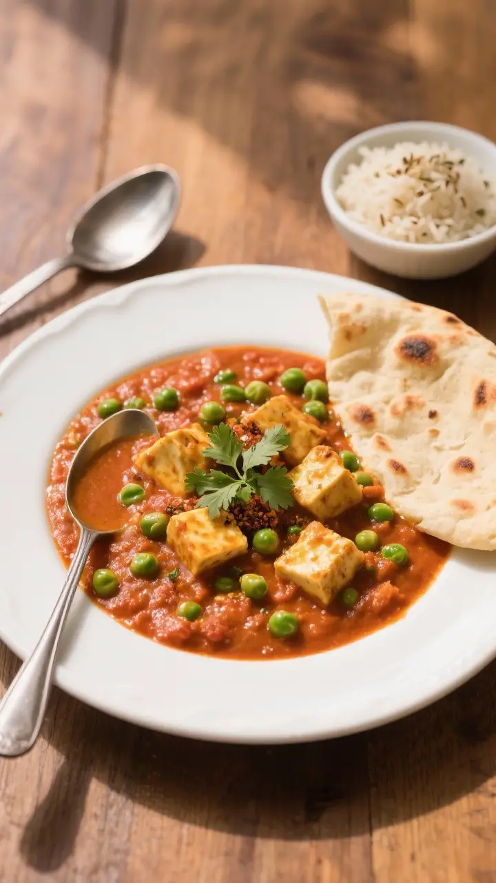 Overhead tasty top view of Matar Paneer plated for serving: spoon-coating consistency tomato gravy e