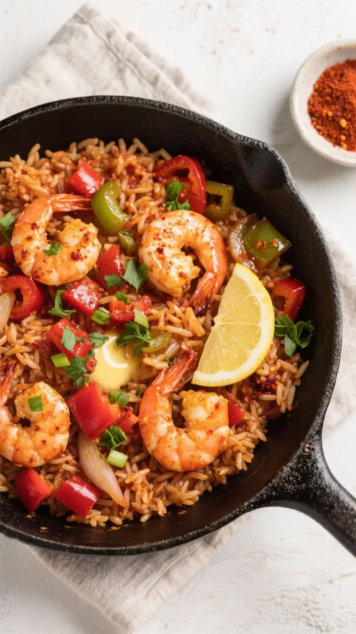 Overhead tasty top view: One-pan Cajun shrimp and rice skillet just finished, fluffy long-grain rice