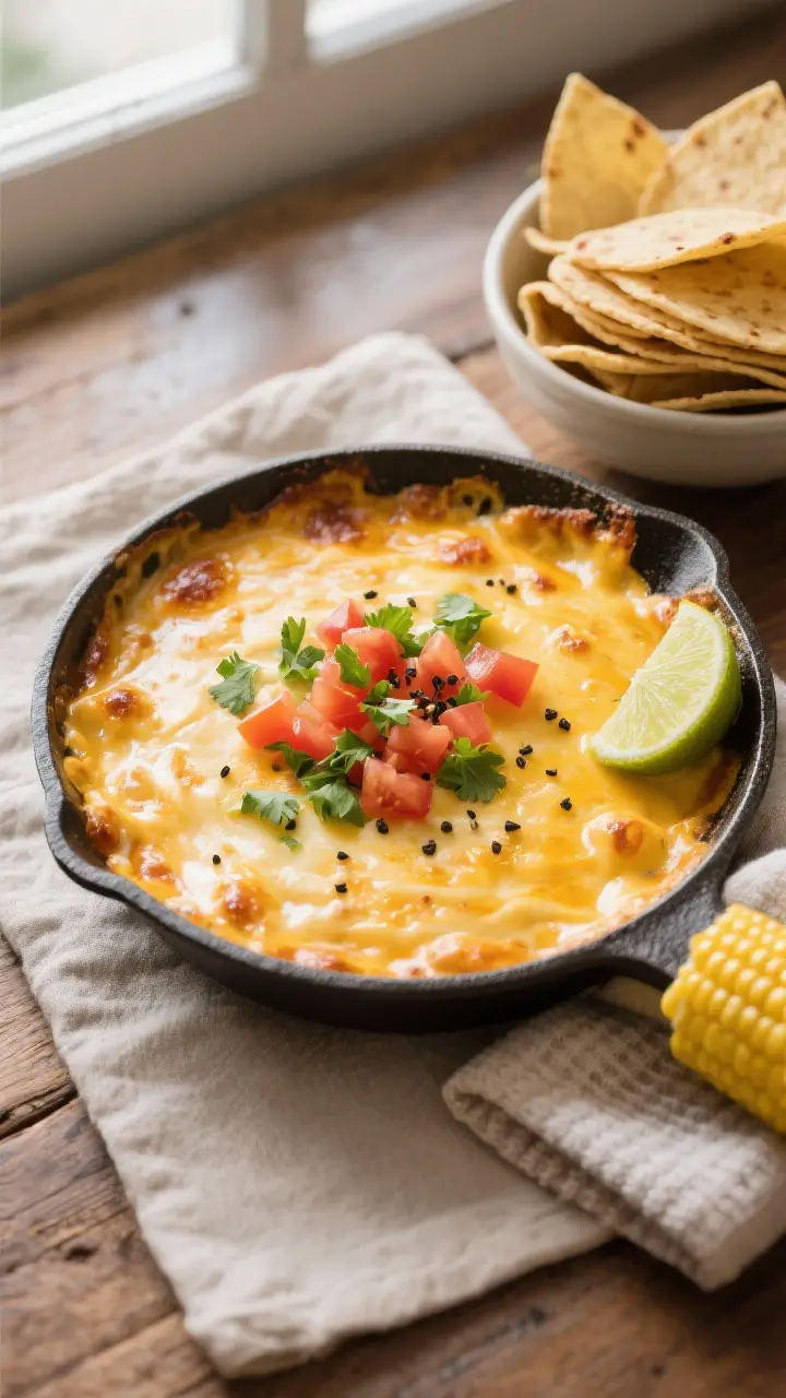 Overhead tasty top view: Queso fundido just out of the oven, cheese fully melted and bubbling at the