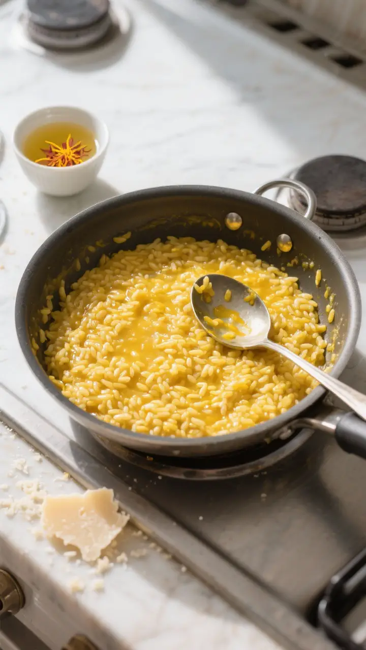 Overhead tasty top view: Saffron risotto in a wide, heavy-bottomed sauté pan at peak doneness, top