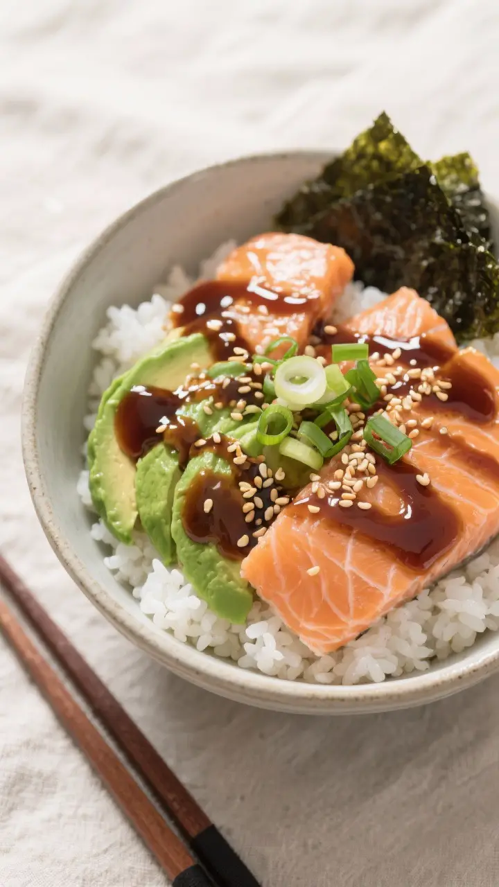 Overhead tasty top view: Salmon and avocado rice bowl drizzled generously with thick, lacquered eel