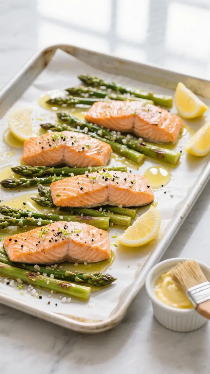 Overhead “tasty top view” shot: Sheet pan dinner ready to serve—four salmon fillets arranged a