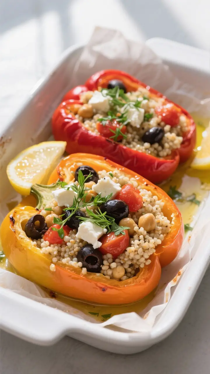 Overhead tasty top view: Stuffed bell peppers just out of the oven in a white ceramic baking dish, p