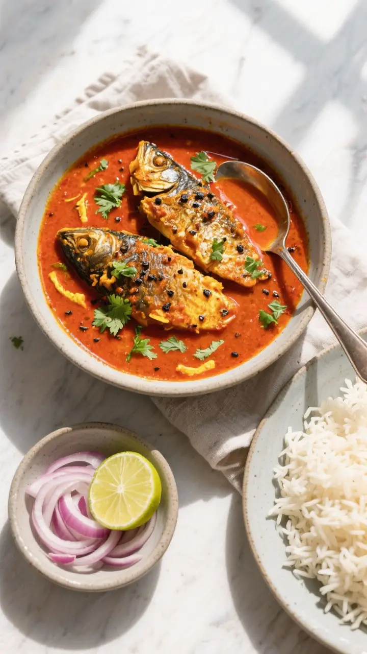 Overhead tasty top view: Top-down shot of a weeknight spread—Goan Fish Curry centered with bright