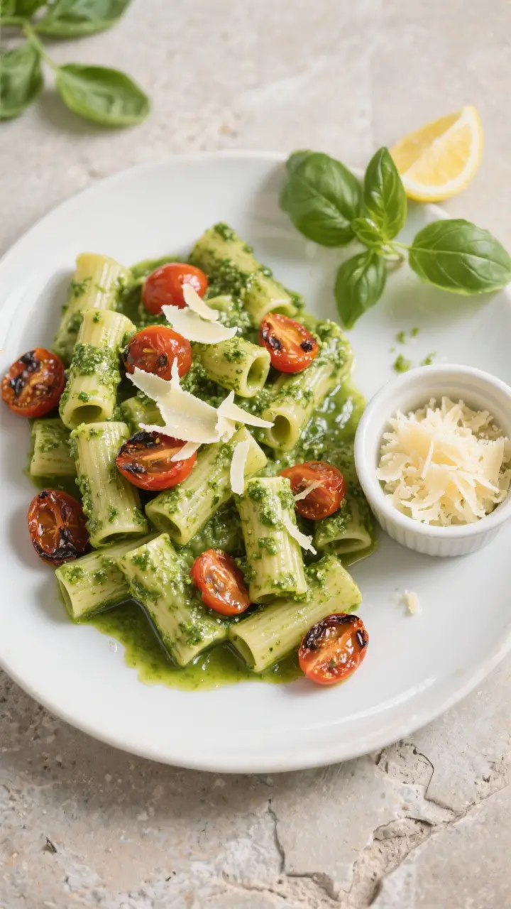Overhead tasty top view: Top-down shot of rigatoni coated in vibrant green creamy pesto sauce with s