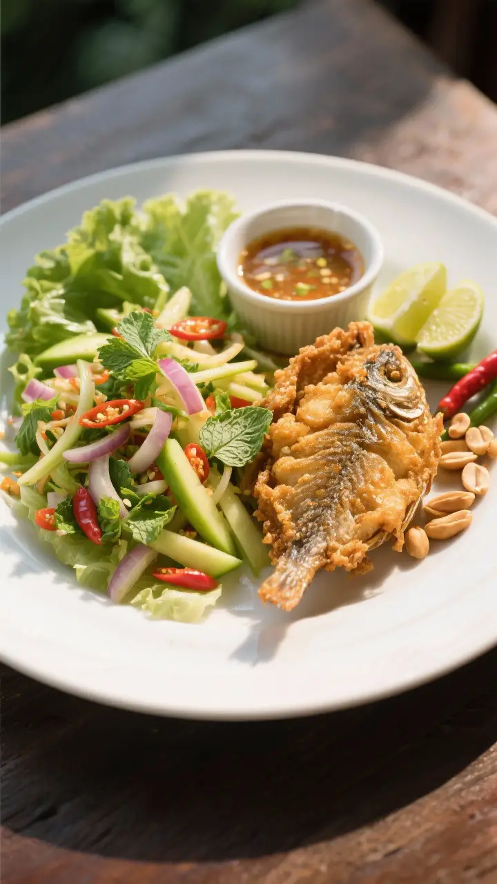 Overhead “tasty top view”: Yum Pla Dook Foo assembled on a wide white plate—mound of crispy ca