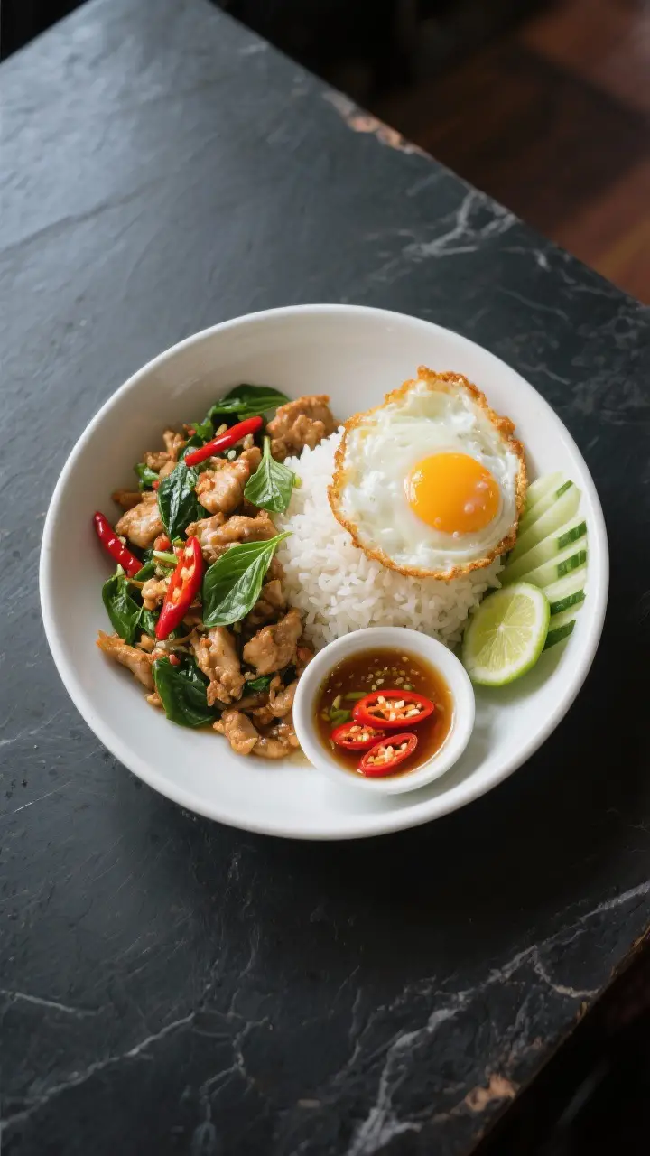 Overhead top view, composition: Tasty top-down shot of a complete Pad Kra Pao set—bowl of jasmine 