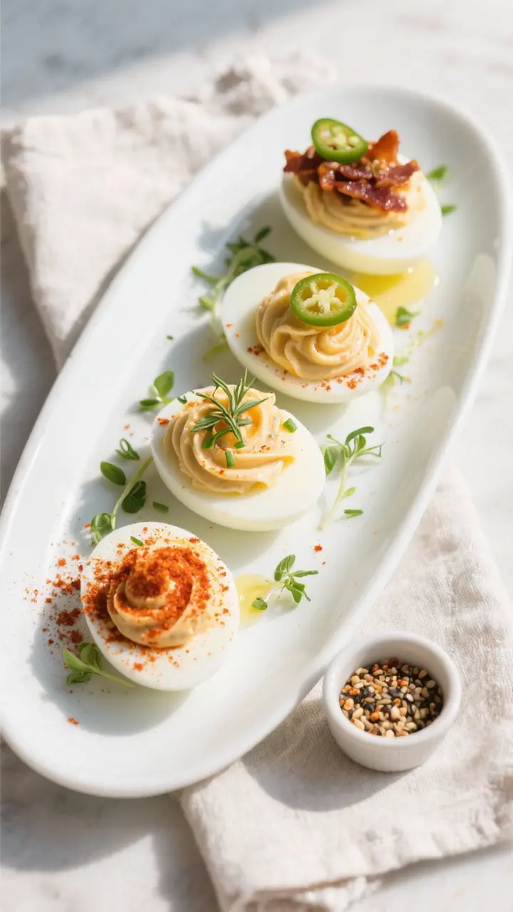 Overhead trio, final presentation: Top-down shot of a large white platter holding three neat rows of