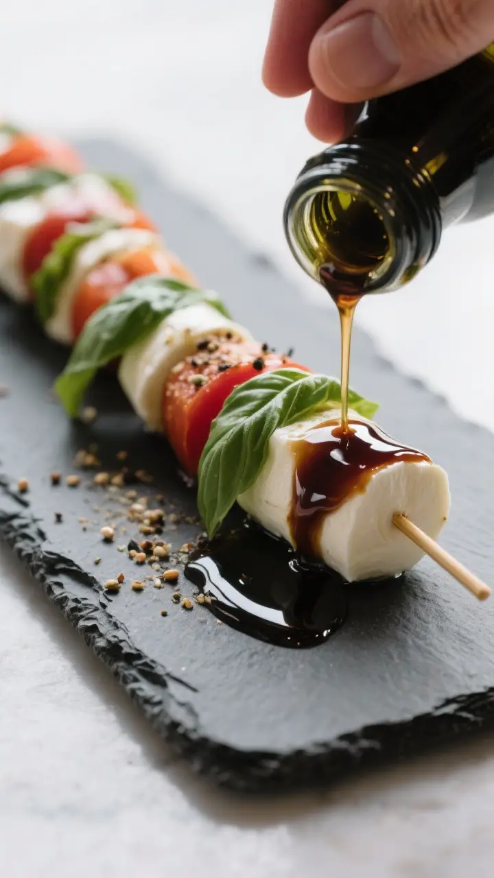 Process-in-action plate-up scene focusing on the “finish with glaze” step: a row of fully assemb