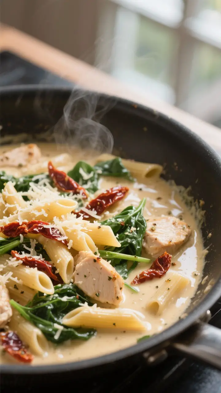 Sauce-building detail: Silky Parmesan cream sauce in the skillet at a gentle simmer, sun-dried tomat