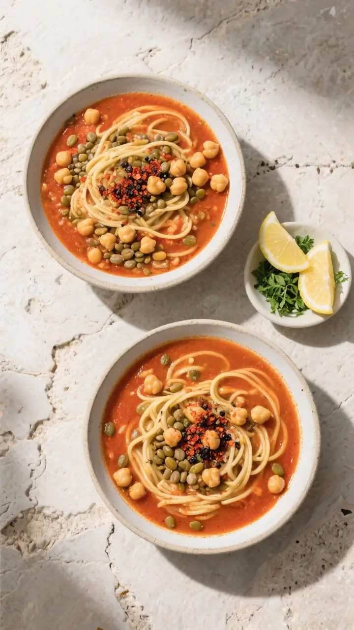 Tasty for variety: Overhead shot of Harira set for serving—two bowls on a textured stone surface,