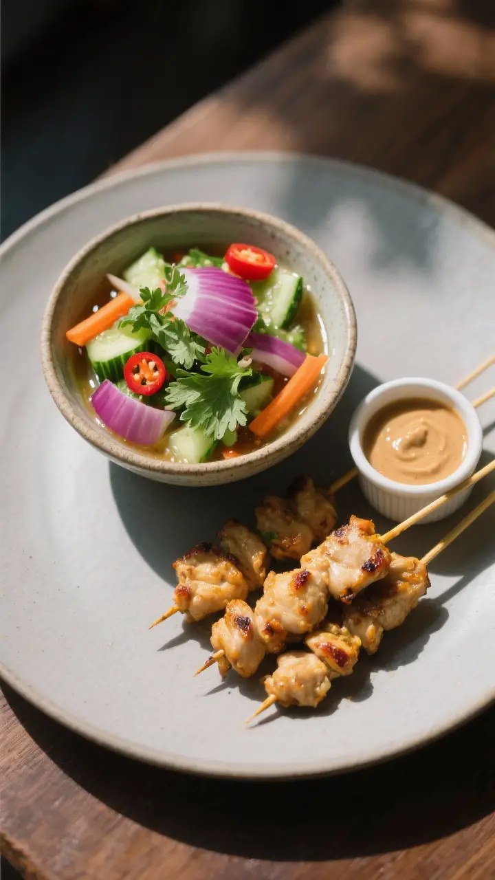 Tasty overhead final presentation with serving context: top-down shot of a small ceramic bowl of Aja