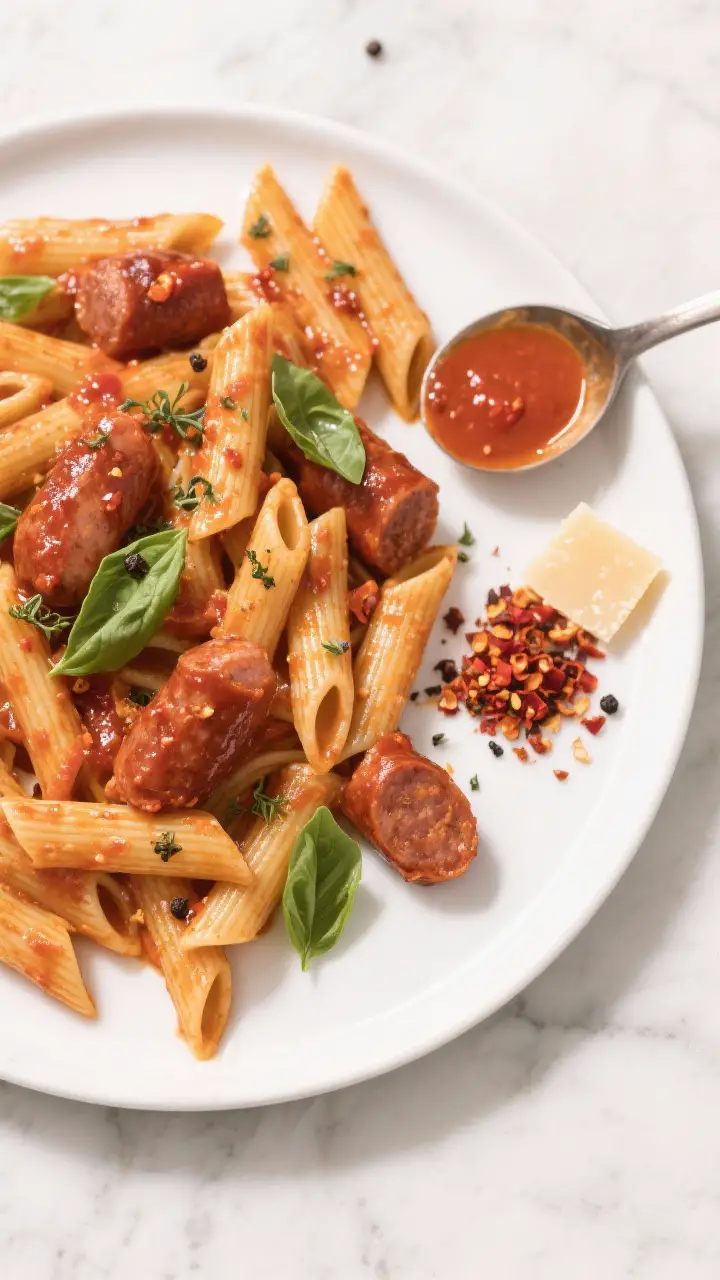 Tasty overhead shot: of penne arrabbiata with sausage arranged in a shallow white platter, sauce poo