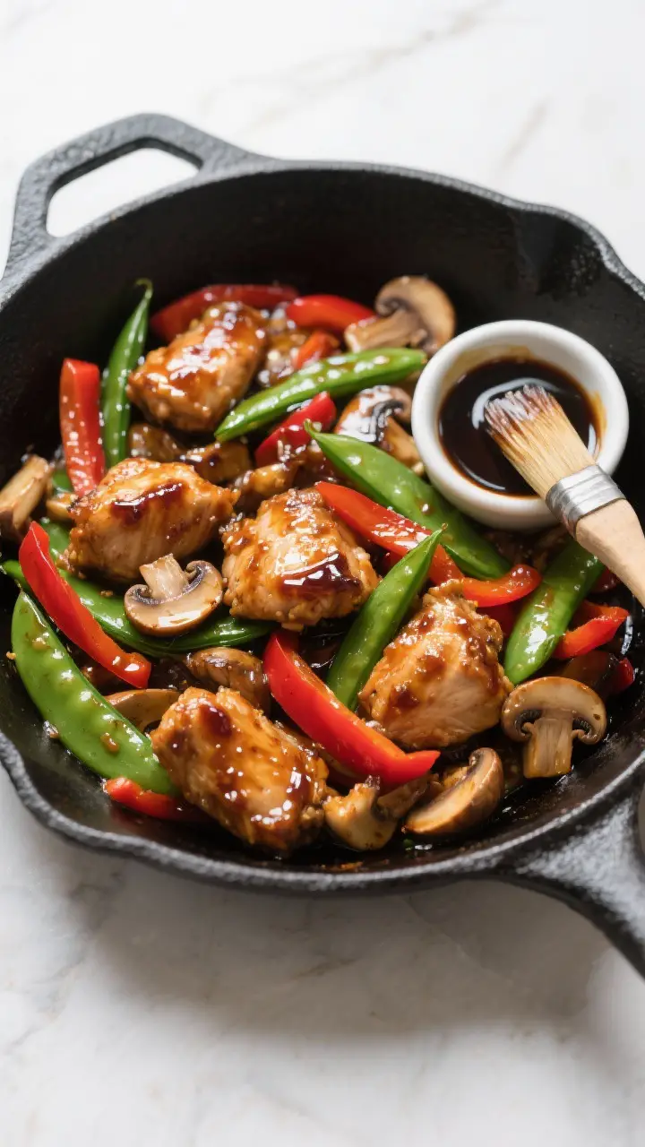 Tasty : Overhead shot of teriyaki chicken thigh stir-fry in a black carbon-steel skillet, bite-size 