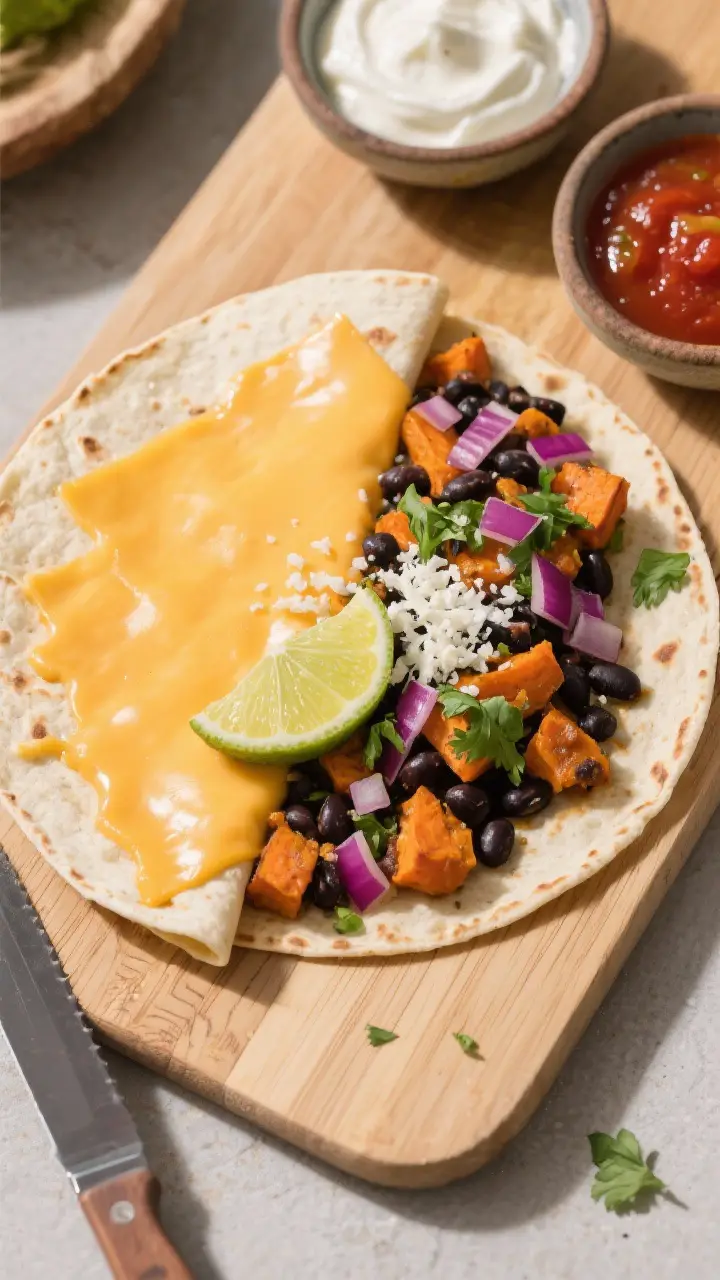 Tasty top-down assembly shot: Overhead view of an open-face quesadilla on a cutting board, half cove