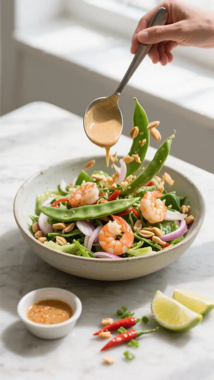 Tasty top-down process shot: Overhead view of the salad being tossed in a large mixing bowl—winged