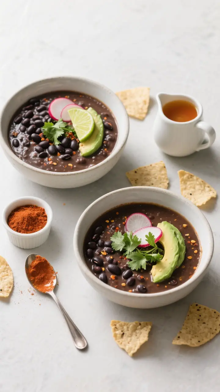 Tasty top-down spread: Overhead shot of two bowls of Mexican black bean soup showing thick, glossy s