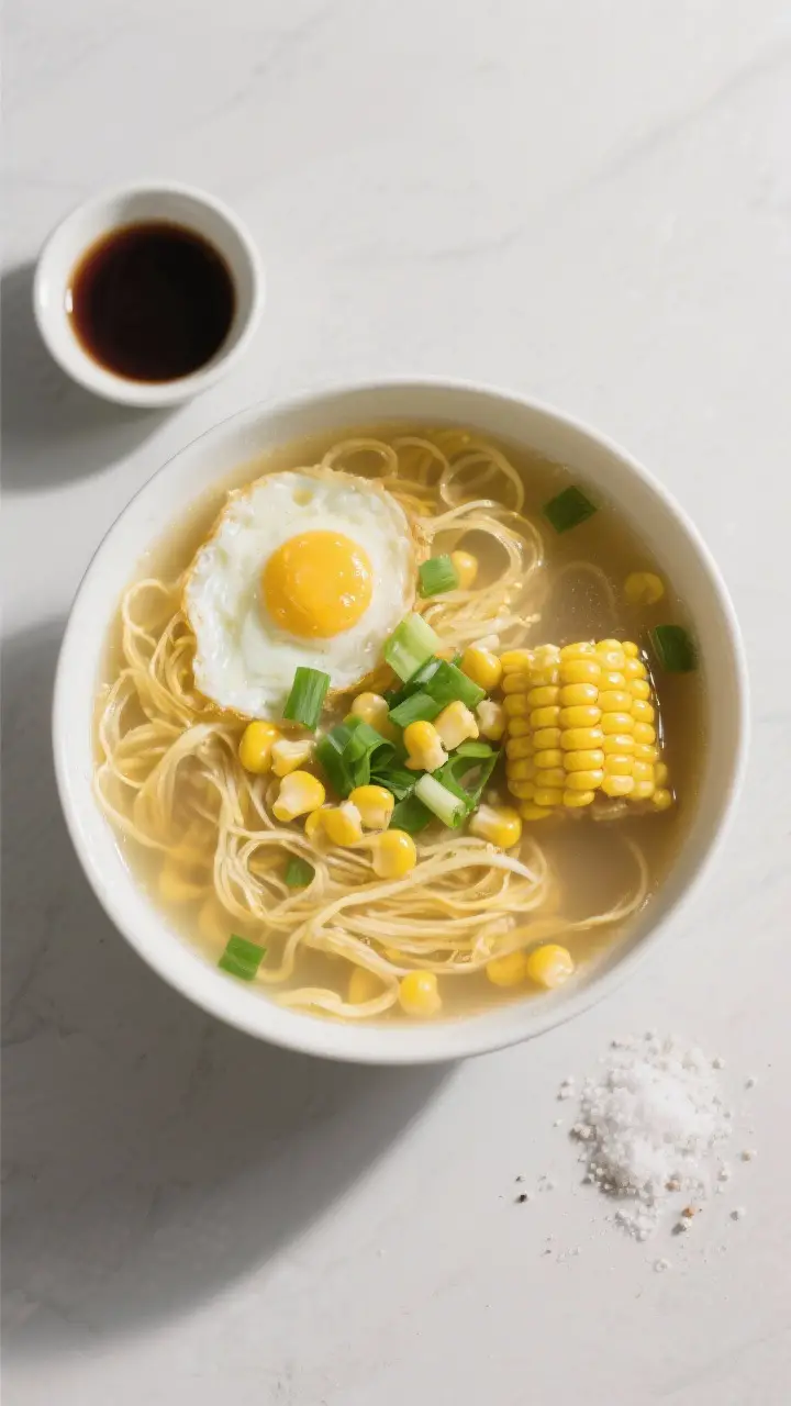 Tasty top-down variation shot: Overhead view of Egg Drop Soup (classic corn version) showing golden 