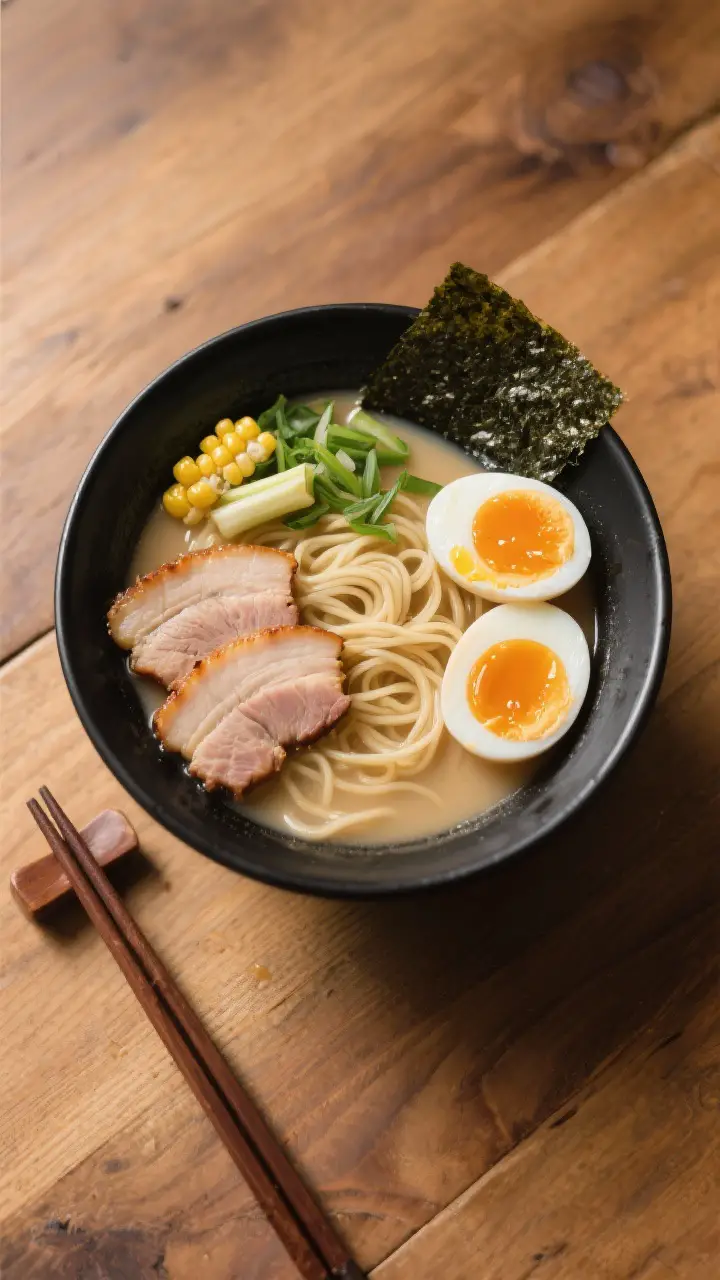 Tasty top view – assembled bowl with tare balance: Overhead shot of a beautifully composed tonkots