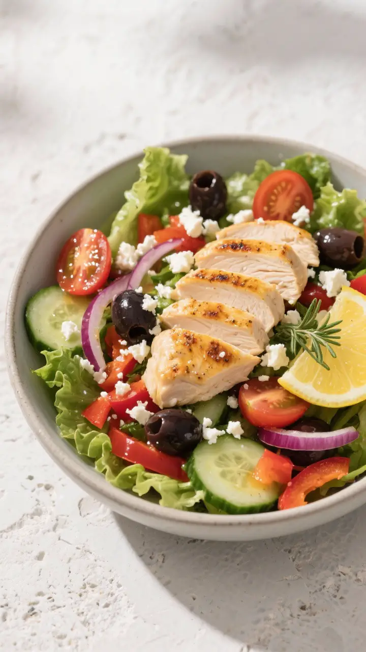 Tasty top view, assembled salad: Overhead shot of a vibrant Greek salad bowl tossed with dressing—
