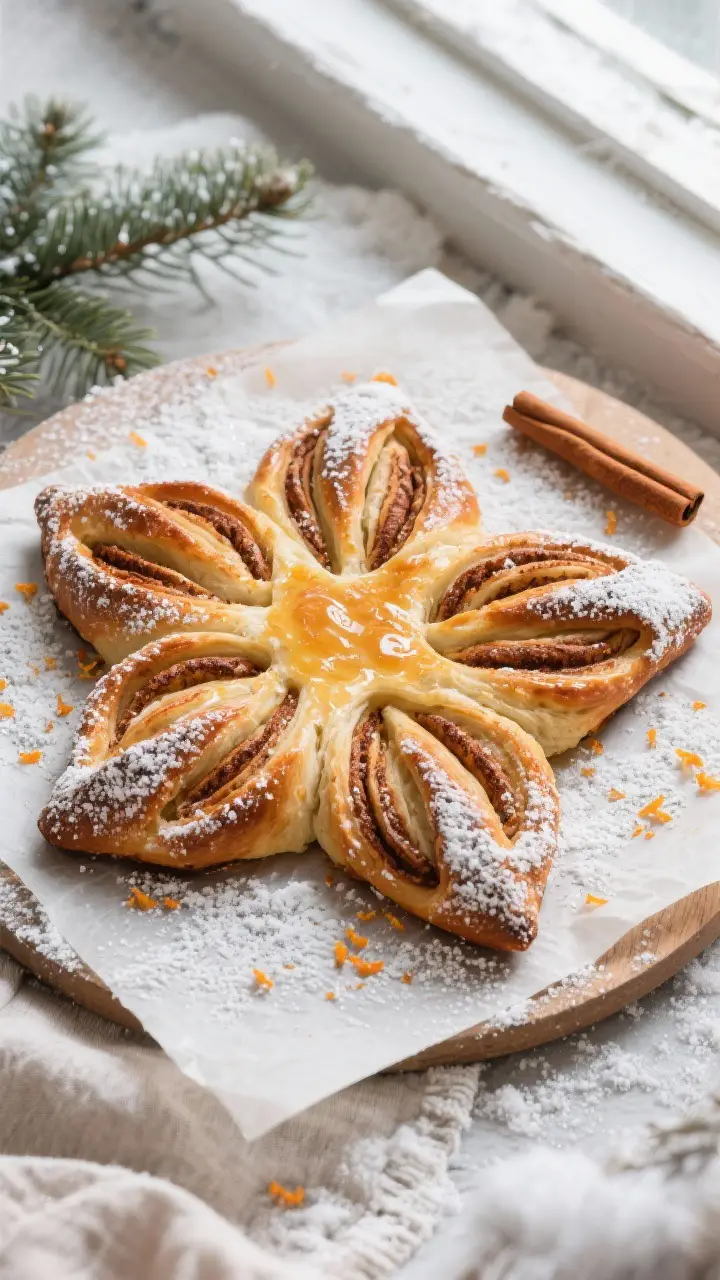 Tasty top view, baked and dusted: Overhead hero shot of the fully baked sourdough cinnamon star brea