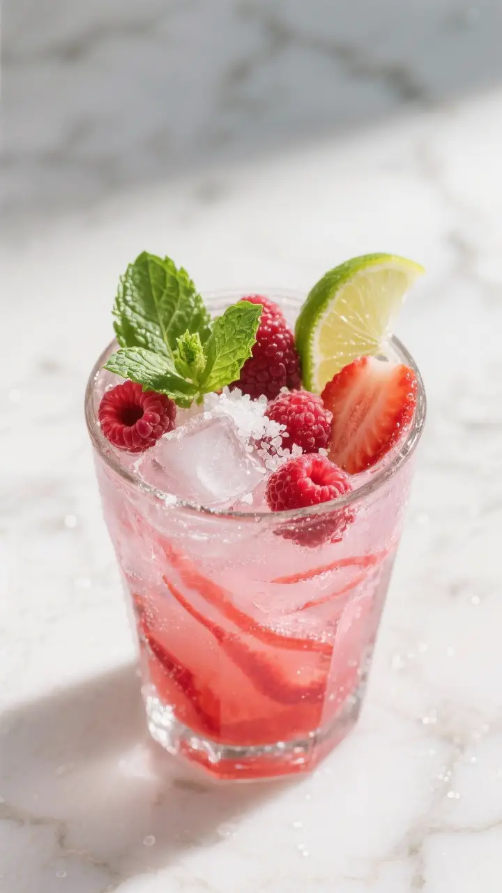 Tasty top view: Berry mojito variation fully assembled, overhead shot of a wide tumbler packed with 