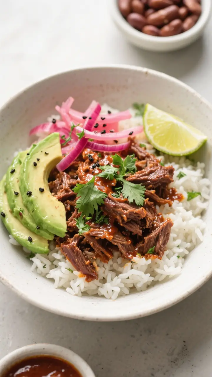 Tasty top view bowl: Overhead shot of a barbacoa rice bowl—fluffy white rice topped with glossy sh