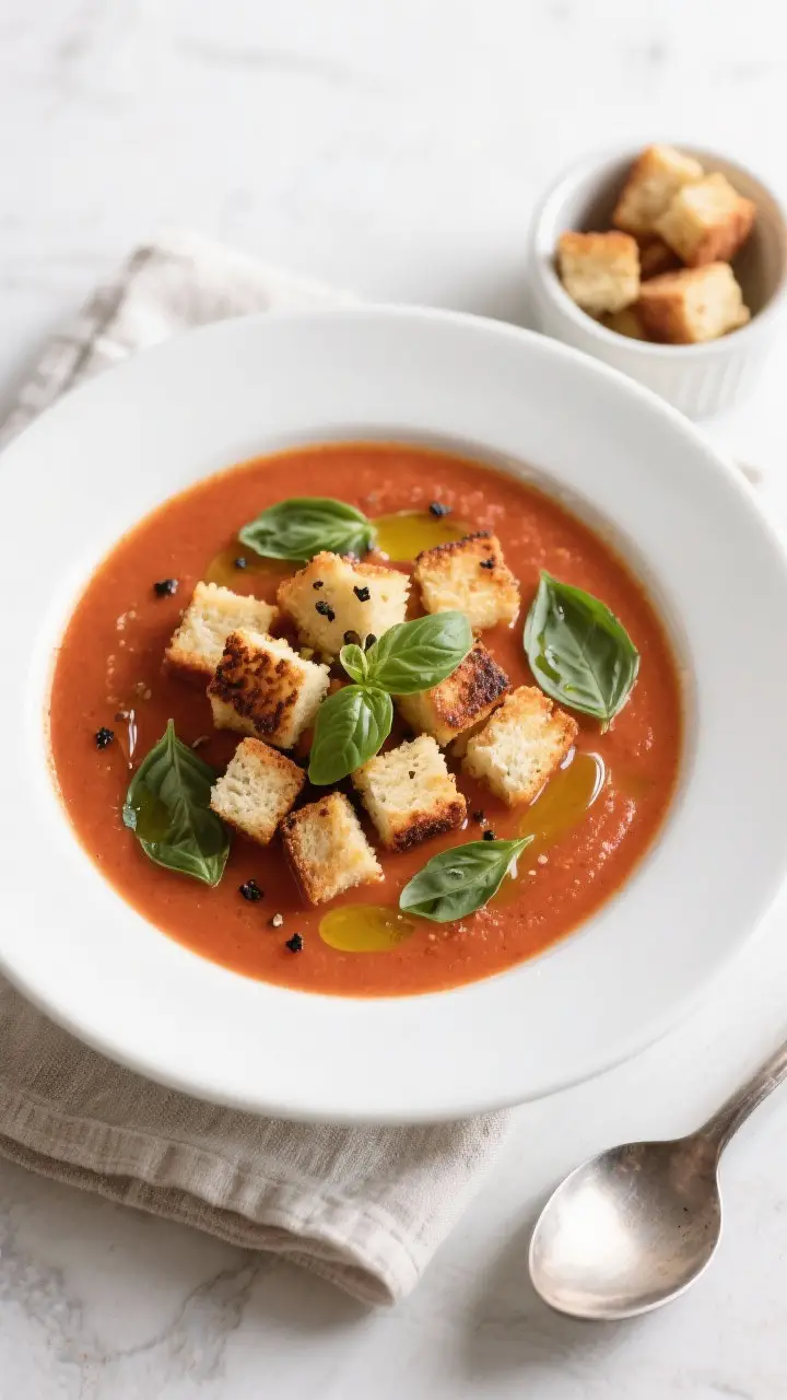 Tasty top view final dish: Overhead shot of a bowl of tomato basil soup topped with a generous handf