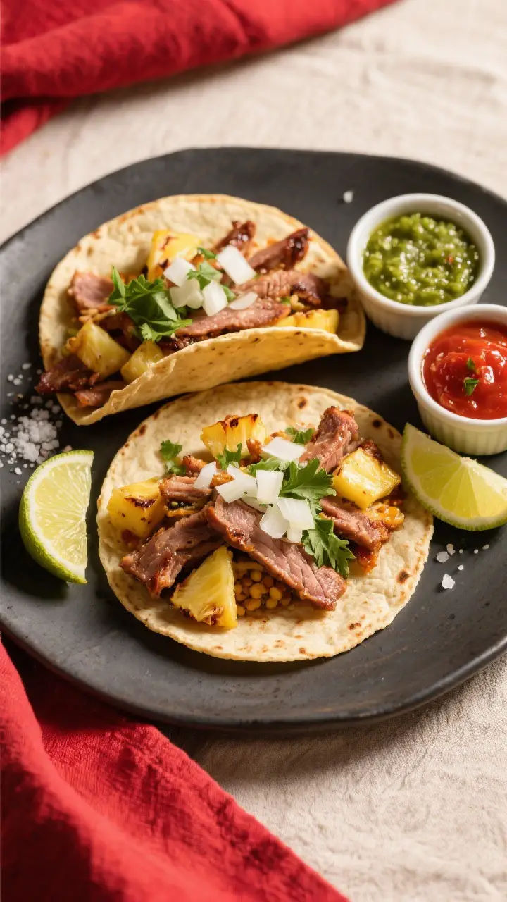 Tasty top view (final dish): Overhead shot of assembled al pastor tacos on warm corn tortillas, pile