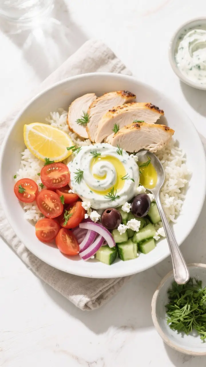 Tasty top view: Final Greek Chicken Bowl beautifully assembled in a wide, shallow white bowl—fluff