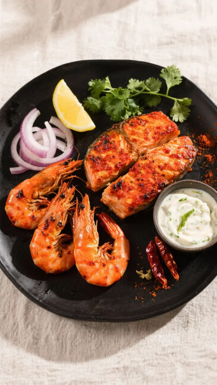 Tasty top view final plate: Overhead shot of mixed tandoori platter—grilled shrimp and salmon with
