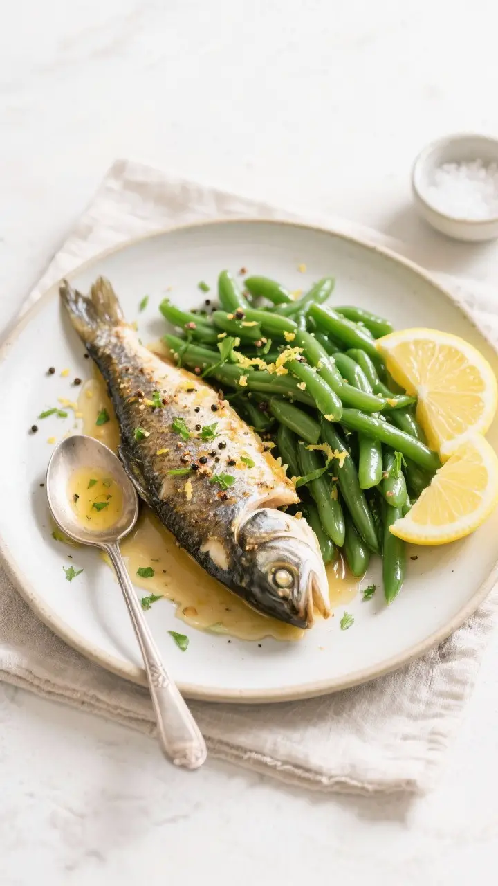 Tasty top view: Final plated lemon pepper trout with green beans, overhead shot on a light ceramic p
