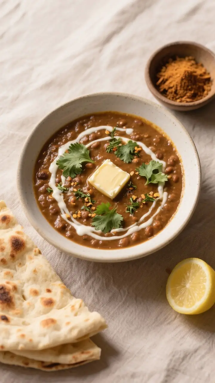 Tasty top view, final presentation: Overhead shot of a wide, shallow bowl of Dal Makhani at a perfec