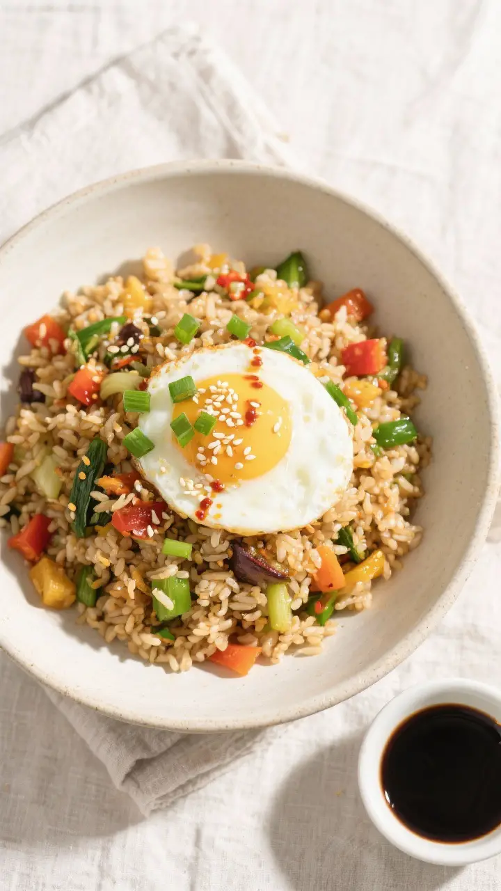 Tasty top view, final presentation: Overhead shot of a beautifully plated bowl of Quick Vegetable Fr